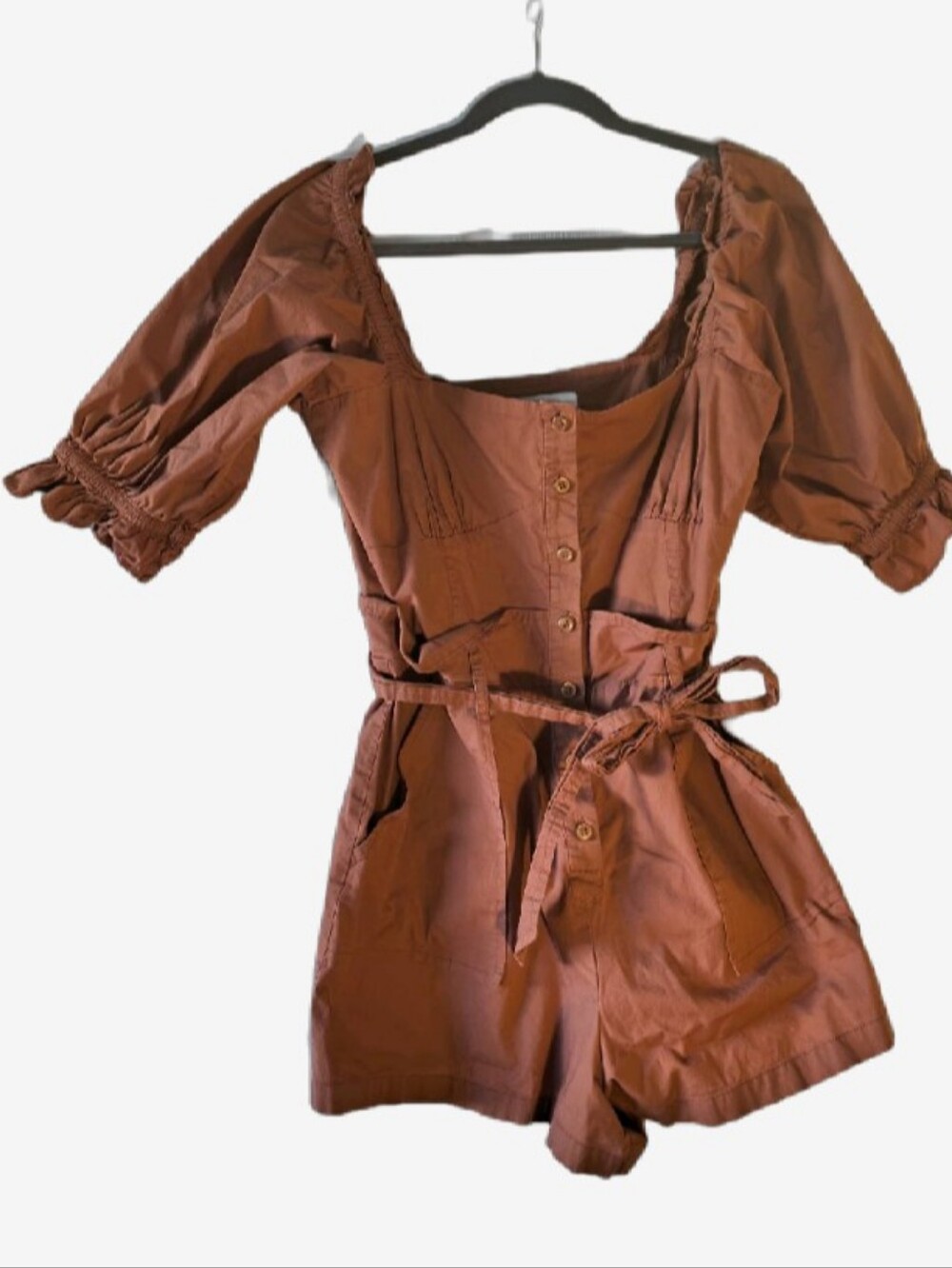 Marissa Webb Collective Terracotta Rust Puff Sleeve Paper Bag Romper Size 8